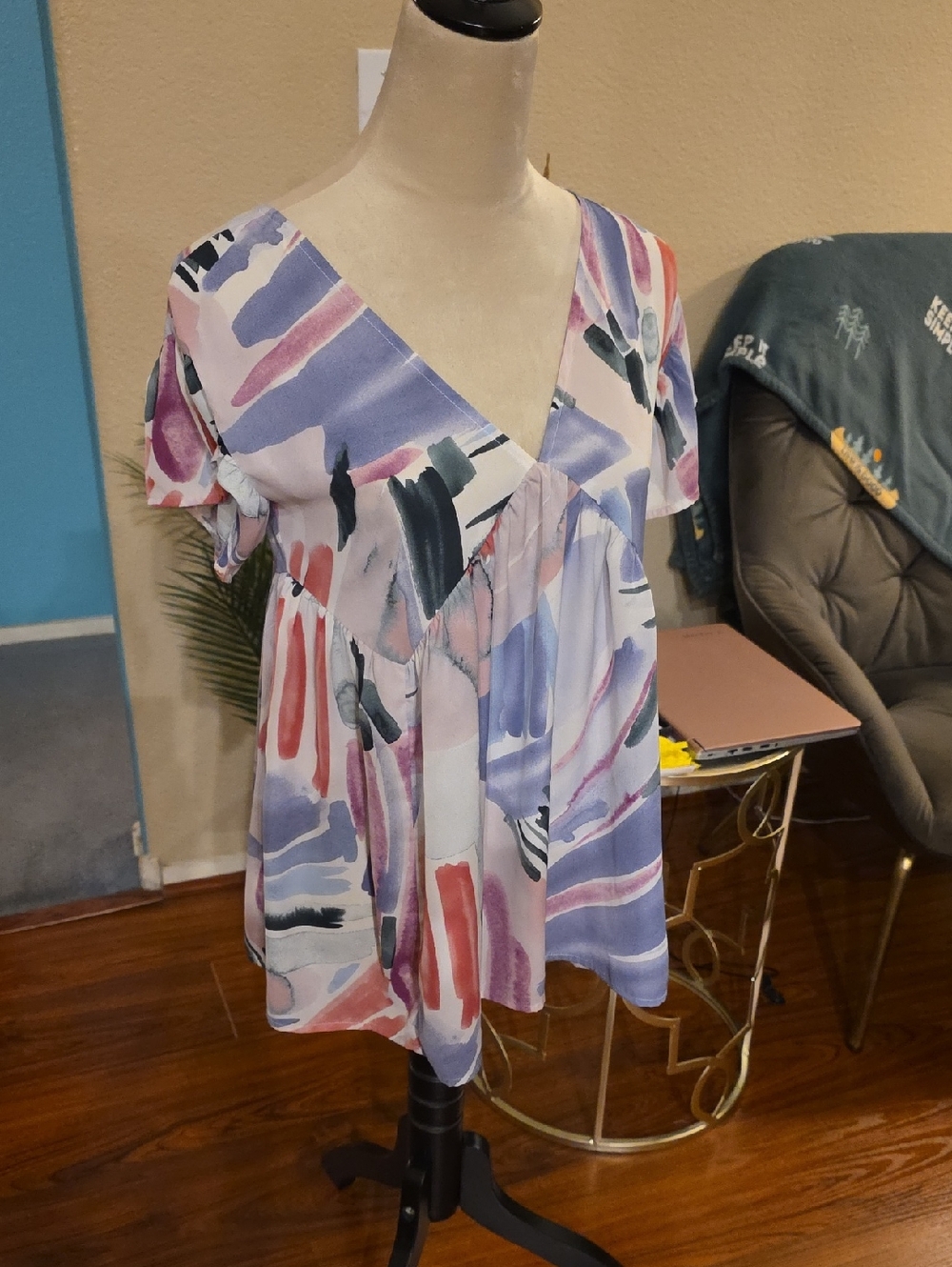 entro Abstract Watercolor V-Neck Blouse - Pink, Lavender & Blue